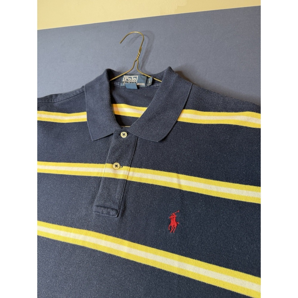Polo Ralph Lauren Mens L Navy Yellow White Striped Cotton Polo Red Pony Y2K - Picture 2 of 5